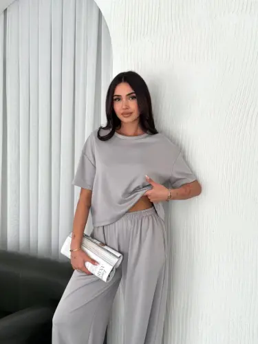 Osy Modal Yumuşak Dokulu Kumaş Bisiklet Yaka T-shirt Bol Paça Pantalon Ikili Takım - Boyalı Gri - 3