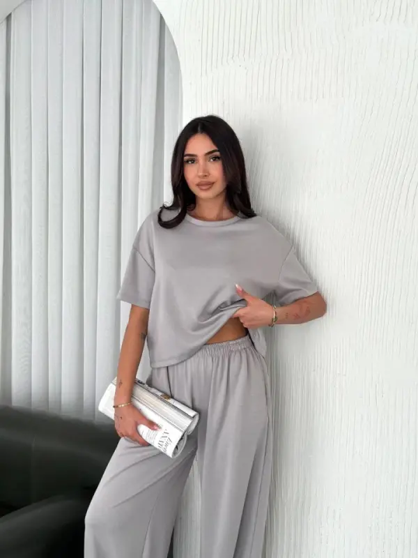 Osy Modal Yumuşak Dokulu Kumaş Bisiklet Yaka T-shirt Bol Paça Pantalon Ikili Takım - Boyalı Gri - 3
