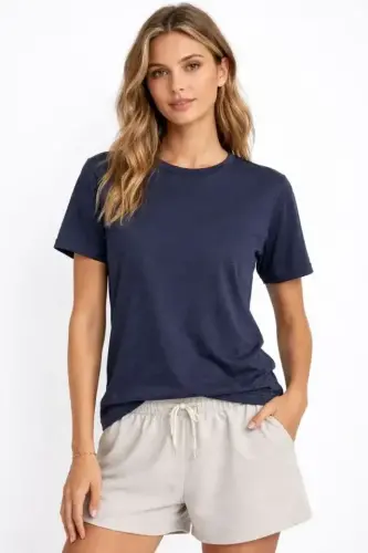 Osy Modal Yumuşak Dokulu Kumaş Bisiklet Yaka T-shirt - İndigo - 4