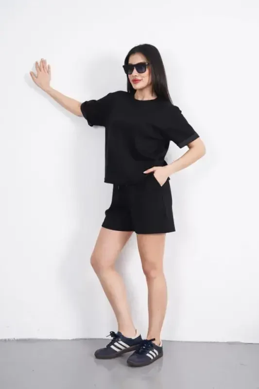 Osy Modal Yumuşak Dokulu Kumaş Bisiklet Yaka T-shirt Kısa Şort İkili Takım - Siyah - 2
