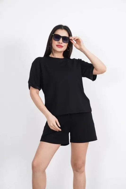 Osy Modal Yumuşak Dokulu Kumaş Bisiklet Yaka T-shirt Kısa Şort İkili Takım - Siyah - 3