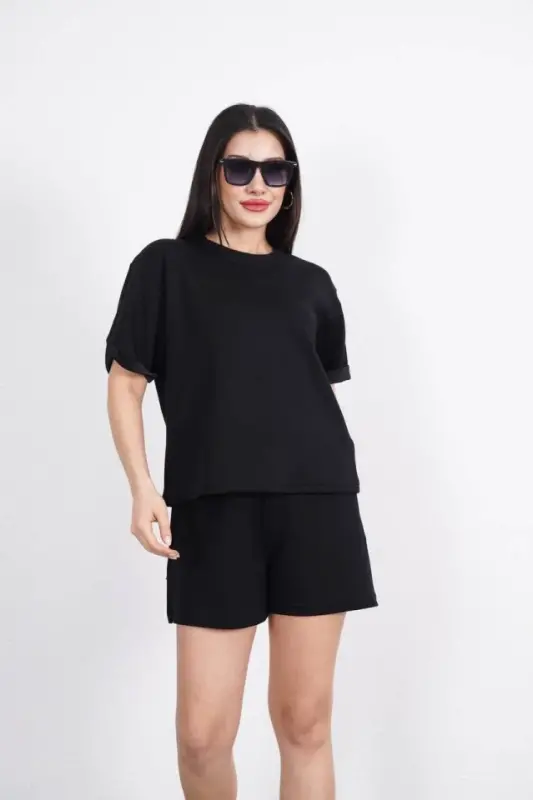 Osy Modal Yumuşak Dokulu Kumaş Bisiklet Yaka T-shirt Kısa Şort İkili Takım - Siyah - BÜYÜKBEDENIZ