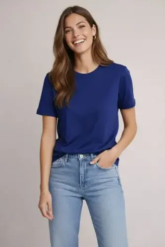 Osy Modal Yumuşak Dokulu Kumaş Bisiklet Yaka T-shirt - Lacivert - 3