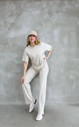 Osy Modal Yumuşak Dokulu Kumaş Bisiklet Yaka Taş Detaylı Kısa Kollu Takım - Kırık Beyaz - 3