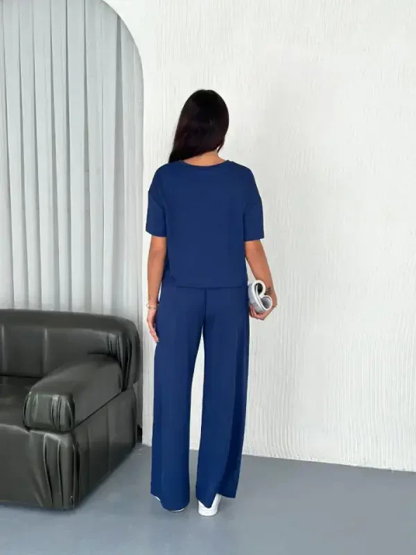 Osy Modal Yumuşak Dokulu Kumaş Bisiklet Yaka T-shirt Bol Paça Pantalon Ikili Takım -Saks Mavi - 3