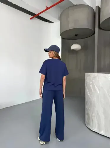 Osy Modal Yumuşak Dokulu Kumaş Kısa Kollu Bluz Rahat Pantalon Ikili Takım- Lacivert - 2