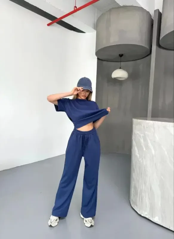 Osy Modal Yumuşak Dokulu Kumaş Kısa Kollu Bluz Rahat Pantalon Ikili Takım- Lacivert - 3