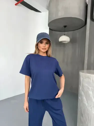 Osy Modal Yumuşak Dokulu Kumaş Kısa Kollu Bluz Rahat Pantalon Ikili Takım- Lacivert - 4