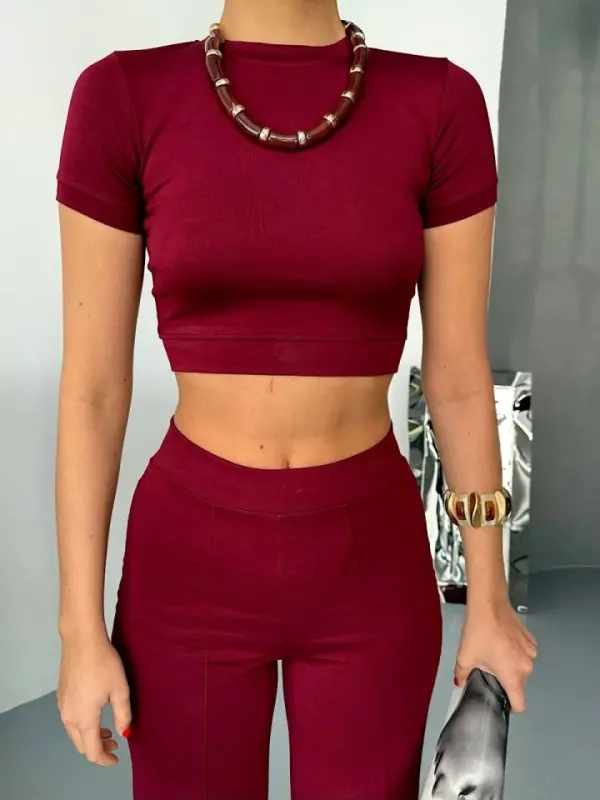 Osy Modal Yumuşak Dokulu Kumaş Kısa Kollu Crop Alt Ispanyol Paça Pantalon Ikili Takım - Bordo - 3