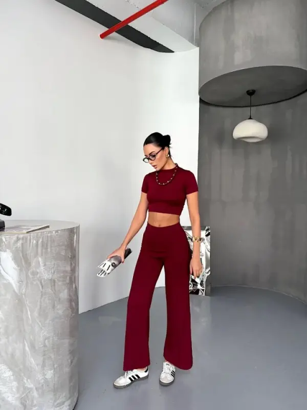 Osy Modal Yumuşak Dokulu Kumaş Kısa Kollu Crop Alt Ispanyol Paça Pantalon Ikili Takım - Bordo - 1