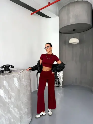 Osy Modal Yumuşak Dokulu Kumaş Kısa Kollu Crop Alt Ispanyol Paça Pantalon Ikili Takım - Bordo - BÜYÜKBEDENIZ (1)