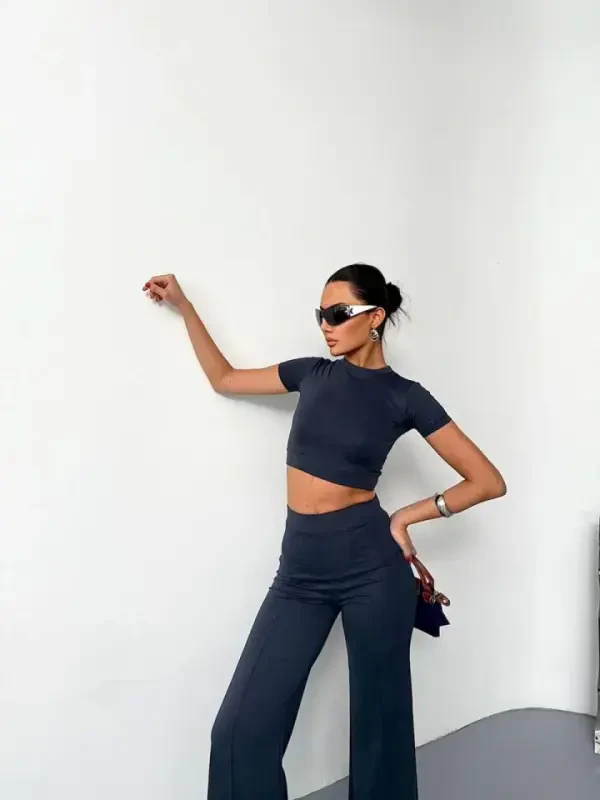 Osy Modal Yumuşak Dokulu Kumaş Kısa Kollu Crop Alt Ispanyol Paça Pantalon Ikili Takım - Füme - 2