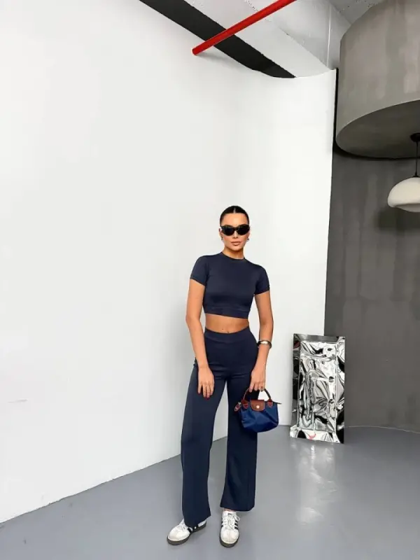 Osy Modal Yumuşak Dokulu Kumaş Kısa Kollu Crop Alt Ispanyol Paça Pantalon Ikili Takım - Füme - BÜYÜKBEDENIZ