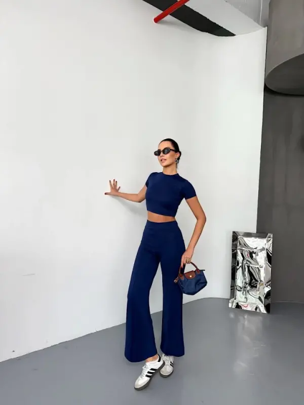 Osy Modal Yumuşak Dokulu Kumaş Kısa Kollu Crop Alt Ispanyol Paça Pantalon Ikili Takım - Lacivert - 2
