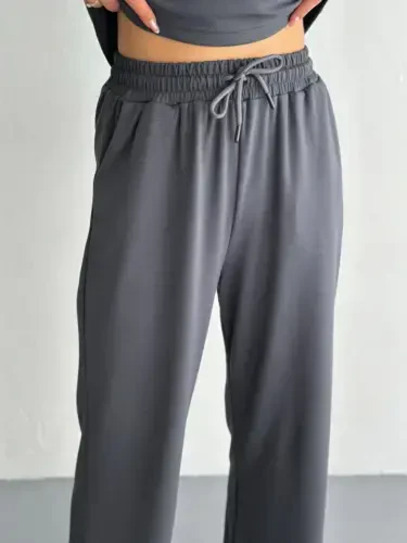 Osy Modal Yumuşak Dokulu Kumaş Kısa Kollu Yakalı T-shirt Pantalon Ikili Takım- Antrasit - 1