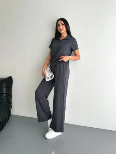 Osy Modal Yumuşak Dokulu Kumaş Kısa Kollu Yakalı T-shirt Pantalon Ikili Takım- Antrasit - 3