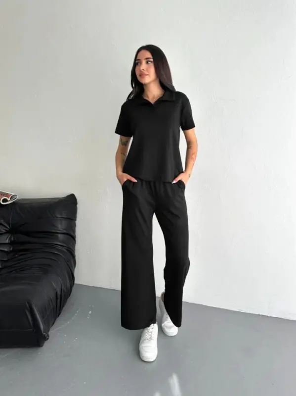 Osy Modal Yumuşak Dokulu Kumaş Kısa Kollu Yakalı T-shirt Pantalon Ikili Takım- Siyah - 3