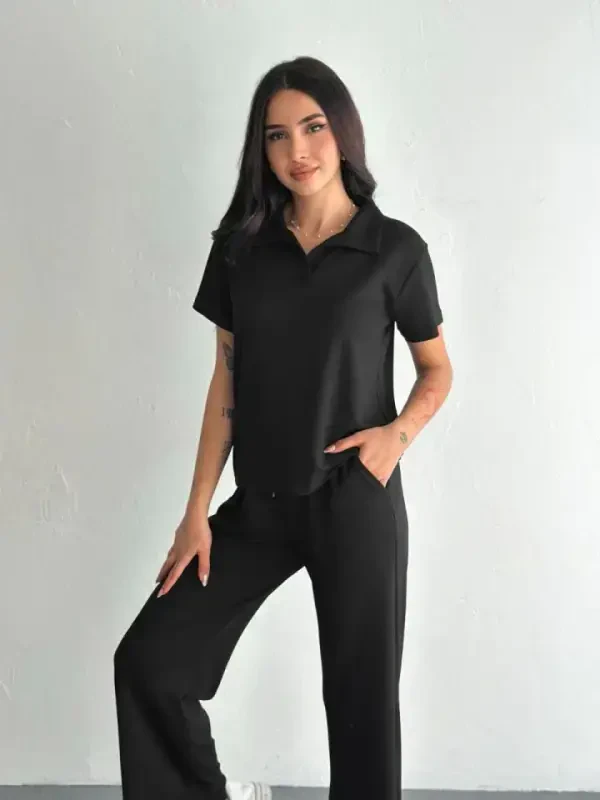 Osy Modal Yumuşak Dokulu Kumaş Kısa Kollu Yakalı T-shirt Pantalon Ikili Takım- Siyah - 2