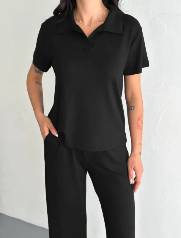 Osy Modal Yumuşak Dokulu Kumaş Kısa Kollu Yakalı T-shirt Pantalon Ikili Takım- Siyah - BÜYÜKBEDENIZ