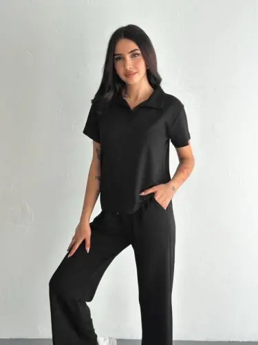 Osy Modal Yumuşak Dokulu Kumaş Kısa Kollu Yakalı T-shirt Pantalon Ikili Takım- Siyah - BÜYÜKBEDENIZ (1)