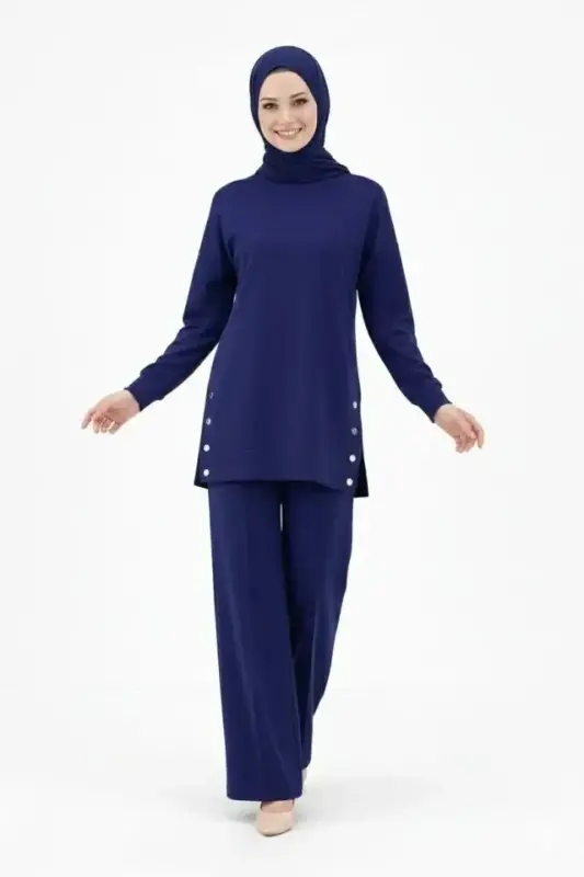 Osy Modal Yumuşak Dokulu Kumaş Modern Tesettür Takım Yandan Metal Çıtçıtlı Uzun Tunik Pantolon Set Salaş Kalıp - Lacivert - 1