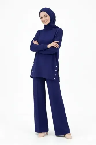 Osy Modal Yumuşak Dokulu Kumaş Modern Tesettür Takım Yandan Metal Çıtçıtlı Uzun Tunik Pantolon Set Salaş Kalıp - Lacivert - 3
