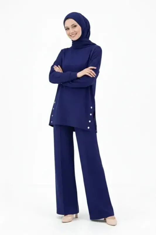 Osy Modal Yumuşak Dokulu Kumaş Modern Tesettür Takım Yandan Metal Çıtçıtlı Uzun Tunik Pantolon Set Salaş Kalıp - Lacivert - 3