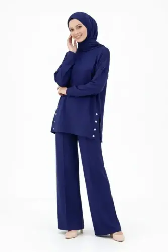 Osy Modal Yumuşak Dokulu Kumaş Modern Tesettür Takım Yandan Metal Çıtçıtlı Uzun Tunik Pantolon Set Salaş Kalıp - Lacivert - 4