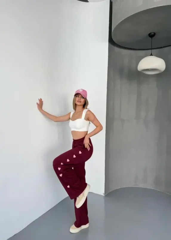 Osy Modal Yumuşak Dokulu Kumaş Nakış Işlemeli Rahat Bol Paça Eşofman Pantalon - Bordo - 3