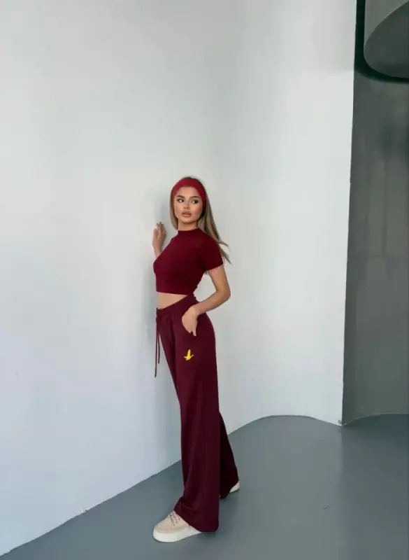 Osy Modal Yumuşak Dokulu Kumaş Nakış Işlemeli Rahat Bol Paça Eşofman Pantalon - Bordo - 3