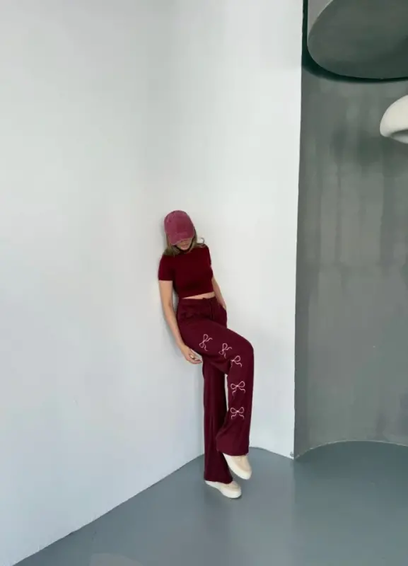 Osy Modal Yumuşak Dokulu Kumaş Nakış Işlemeli Rahat Bol Paça Eşofman Pantalon - Bordo - 2