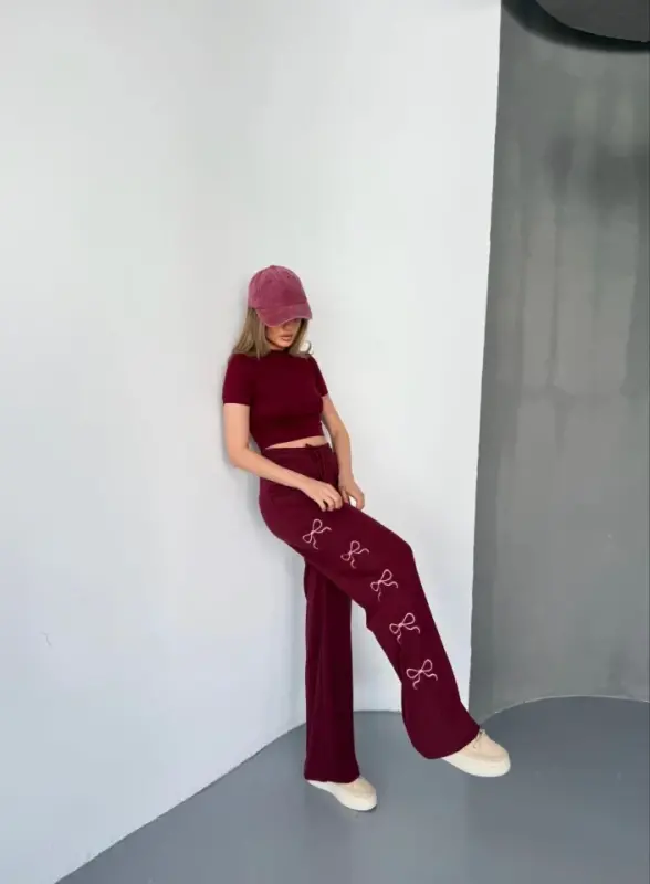 Osy Modal Yumuşak Dokulu Kumaş Nakış Işlemeli Rahat Bol Paça Eşofman Pantalon - Bordo - 3