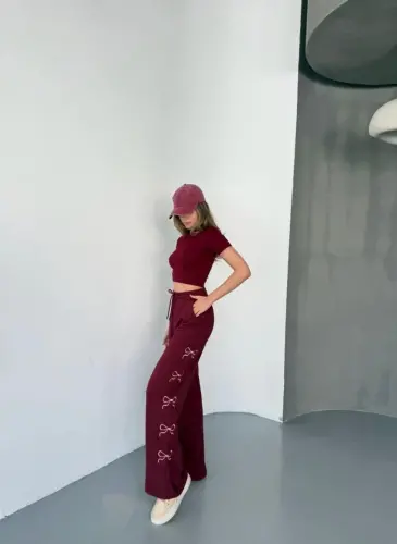 Osy Modal Yumuşak Dokulu Kumaş Nakış Işlemeli Rahat Bol Paça Eşofman Pantalon - Bordo - 1