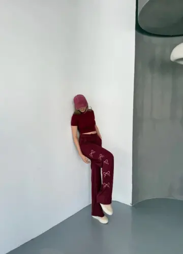 Osy Modal Yumuşak Dokulu Kumaş Nakış Işlemeli Rahat Bol Paça Eşofman Pantalon - Bordo - 2
