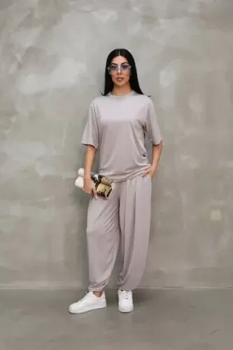 Osy Modal Yumuşak Dokulu Kumaş Oversize Bisiklet Yaka T-shirt Jogger Eşofman Altı Eşofman Takımı - Gri - 1