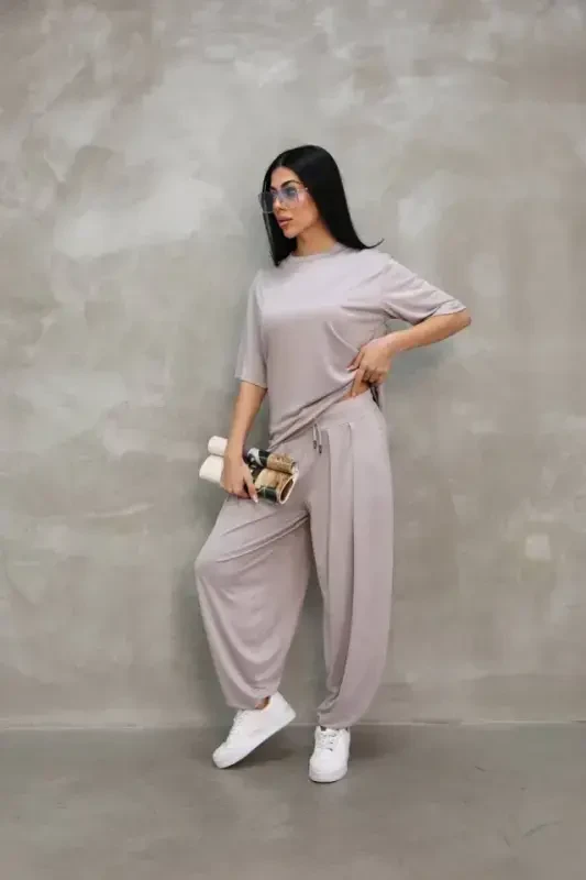 Osy Modal Yumuşak Dokulu Kumaş Oversize Bisiklet Yaka T-shirt Jogger Eşofman Altı Eşofman Takımı - Gri - 2