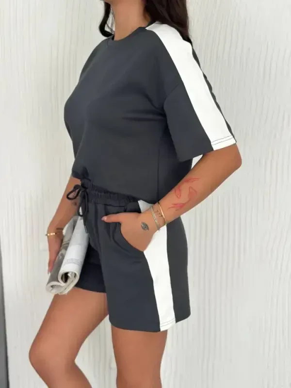 Osy Modal Yumuşak Dokulu Kumaş Parçalı Bisiklet Yaka T-shirt Kısa Şort İkili Takım - Antrasit - BÜYÜKBEDENIZ