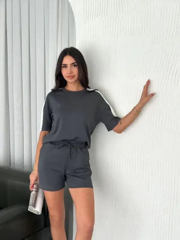 Osy Modal Yumuşak Dokulu Kumaş Parçalı Bisiklet Yaka T-shirt Kısa Şort İkili Takım - Antrasit - 3