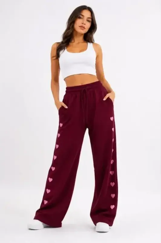 Osy Modal Yumuşak Dokulu Nakışlı Cepli Oversize Bol Paça Eşofman Altı - Bordo - 1