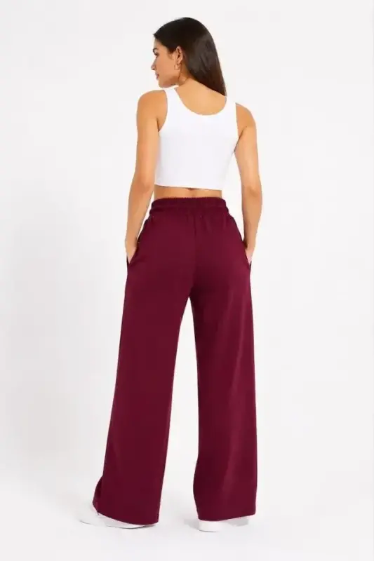 Osy Modal Yumuşak Dokulu Nakışlı Cepli Oversize Bol Paça Eşofman Altı - Bordo - 3
