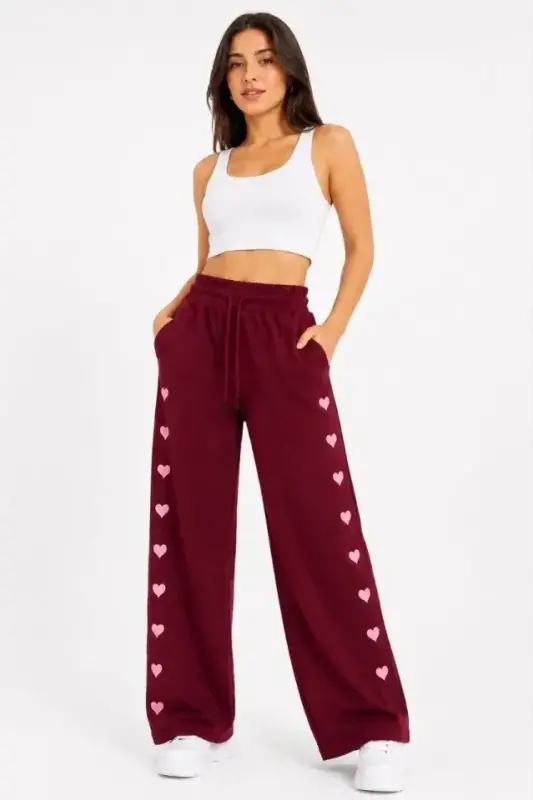 Osy Modal Yumuşak Dokulu Nakışlı Cepli Oversize Bol Paça Eşofman Altı - Bordo - 4