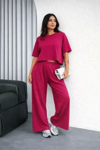Osy Modal Yumuşak Dokulu Şalaş Oversize İkili Takım Bol Paça Pantolonlu Rahat Günlük Takım - Fuşya - 1