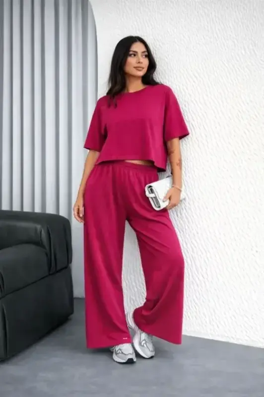 Osy Modal Yumuşak Dokulu Şalaş Oversize İkili Takım Bol Paça Pantolonlu Rahat Günlük Takım - Fuşya - BÜYÜKBEDENIZ