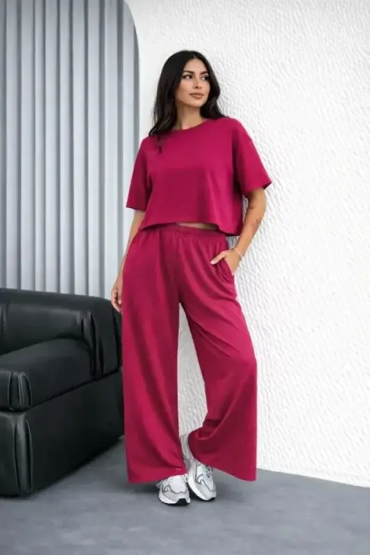 Osy Modal Yumuşak Dokulu Şalaş Oversize İkili Takım Bol Paça Pantolonlu Rahat Günlük Takım - Fuşya - 2