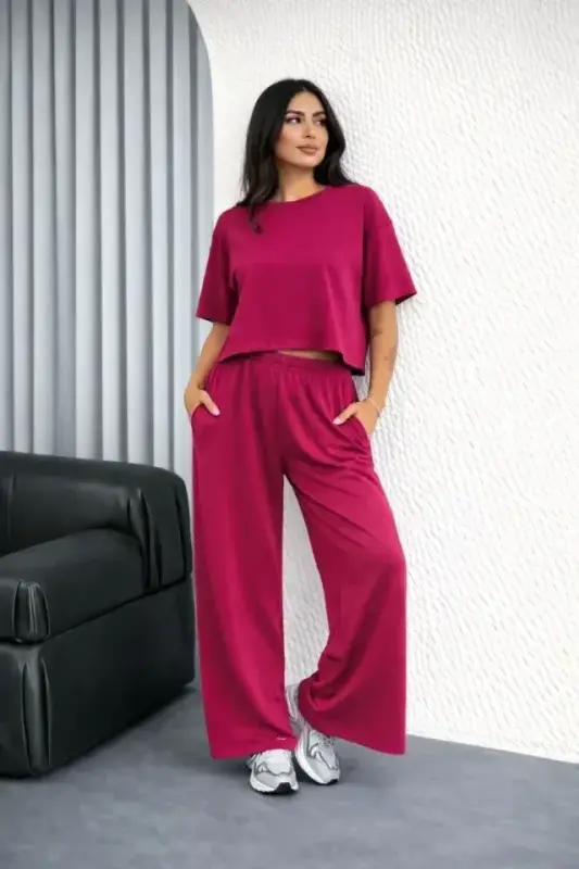 Osy Modal Yumuşak Dokulu Şalaş Oversize İkili Takım Bol Paça Pantolonlu Rahat Günlük Takım - Fuşya - 3