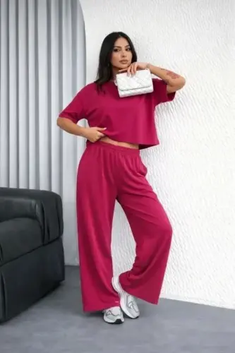 Osy Modal Yumuşak Dokulu Şalaş Oversize İkili Takım Bol Paça Pantolonlu Rahat Günlük Takım - Fuşya - 4