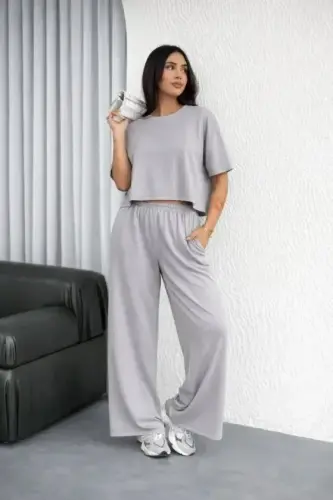 Osy Modal Yumuşak Dokulu Şalaş Oversize İkili Takım Bol Paça Pantolonlu Rahat Günlük Takım - Gri - 1