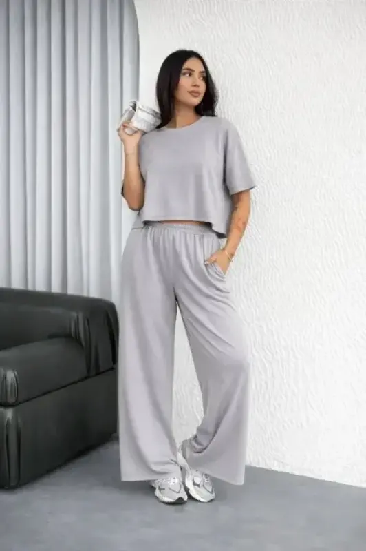 Osy Modal Yumuşak Dokulu Şalaş Oversize İkili Takım Bol Paça Pantolonlu Rahat Günlük Takım - Gri - BÜYÜKBEDENIZ