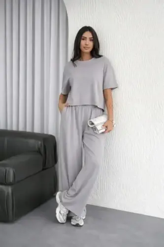 Osy Modal Yumuşak Dokulu Şalaş Oversize İkili Takım Bol Paça Pantolonlu Rahat Günlük Takım - Gri - 4