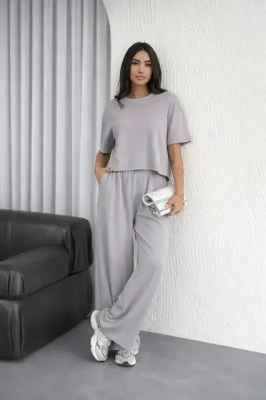Osy Modal Yumuşak Dokulu Şalaş Oversize İkili Takım Bol Paça Pantolonlu Rahat Günlük Takım - Gri - 4